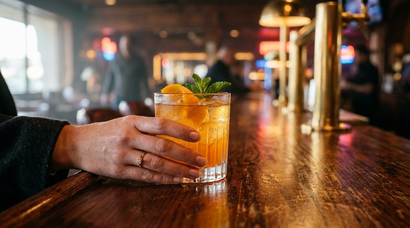 An extreme close-up of a hand resting on a polished wooden bar at the Peppermill, holding a vibrant, half-finished cocktai...