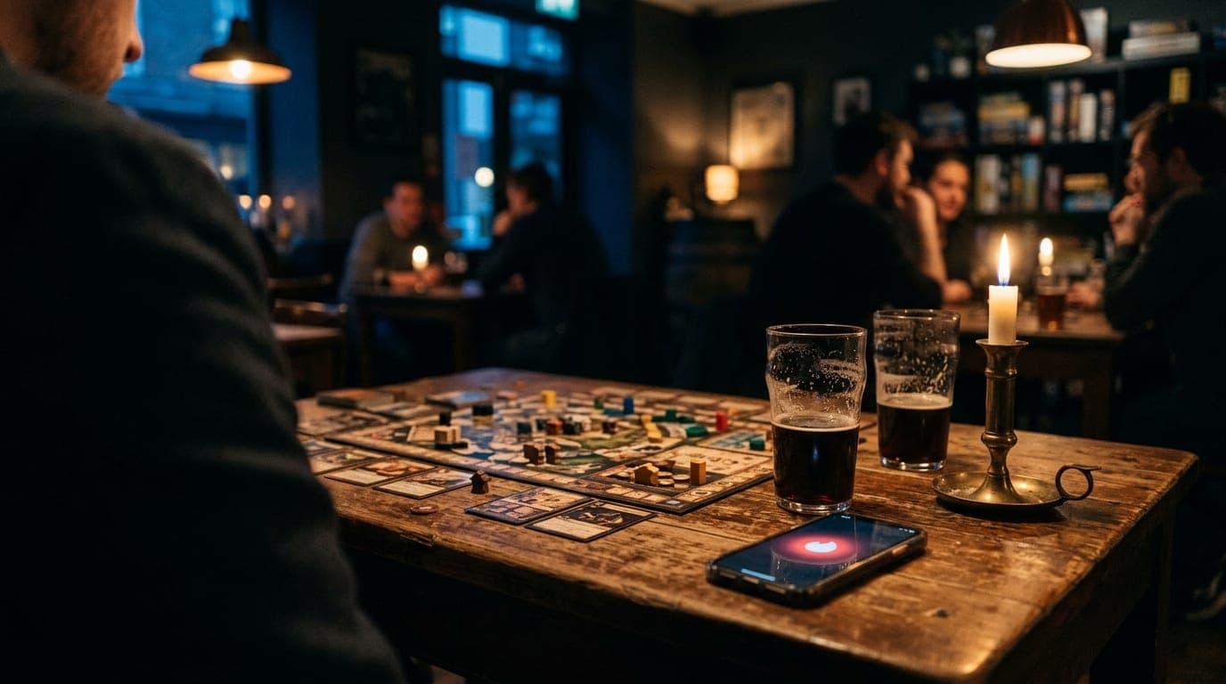 A worn wooden table at The Glass Die, featuring an open, complex board game, two half-empty pint glasses, and a smartphone...
