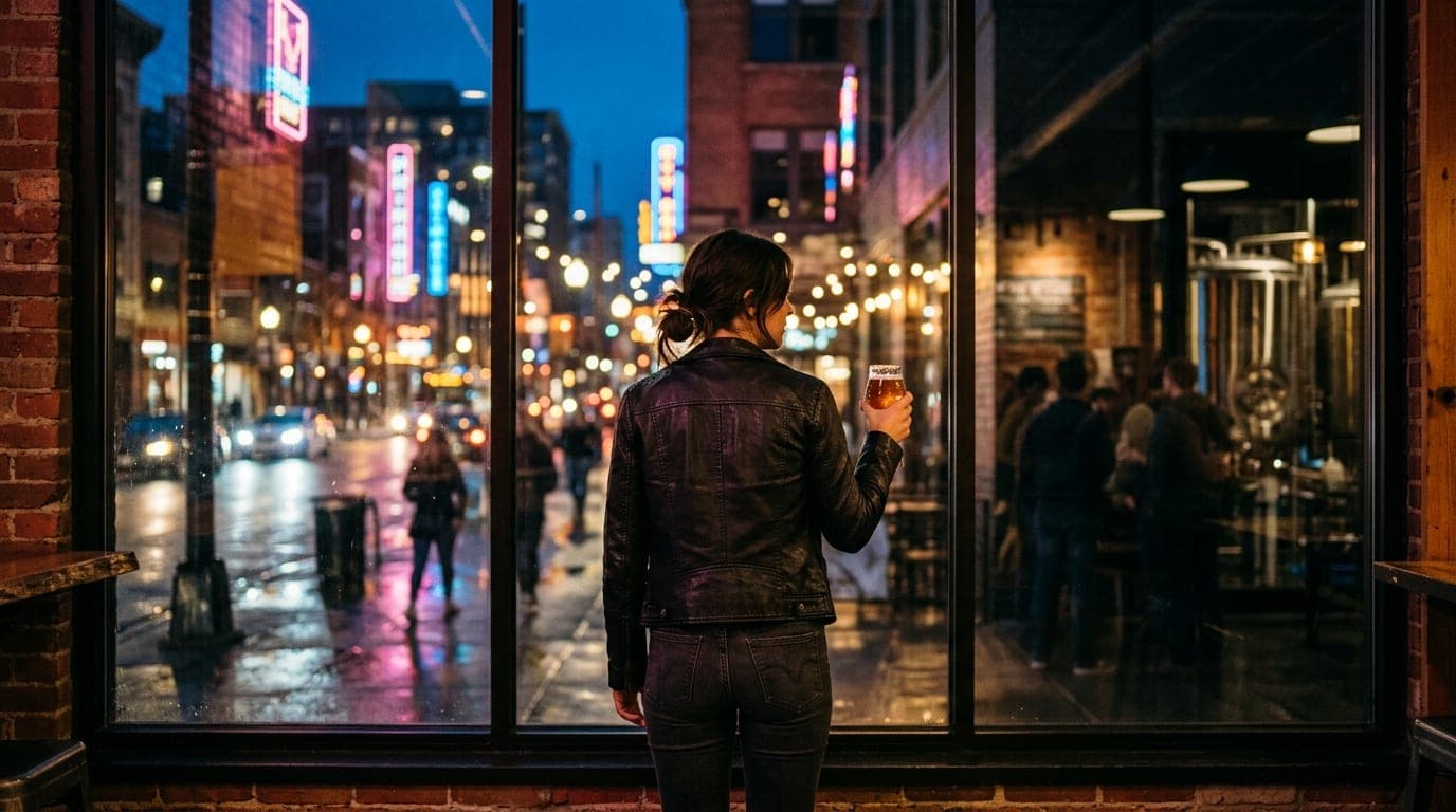 A dimly lit, industrial-style brewery taproom at night. A woman in a leather jacket stands holding a craft beer glass, blu...