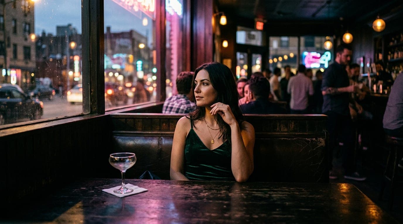A woman in a velvet slip dress sits at a dimly lit corner booth in a moody bar. Shadows stretch across the worn wooden tab...