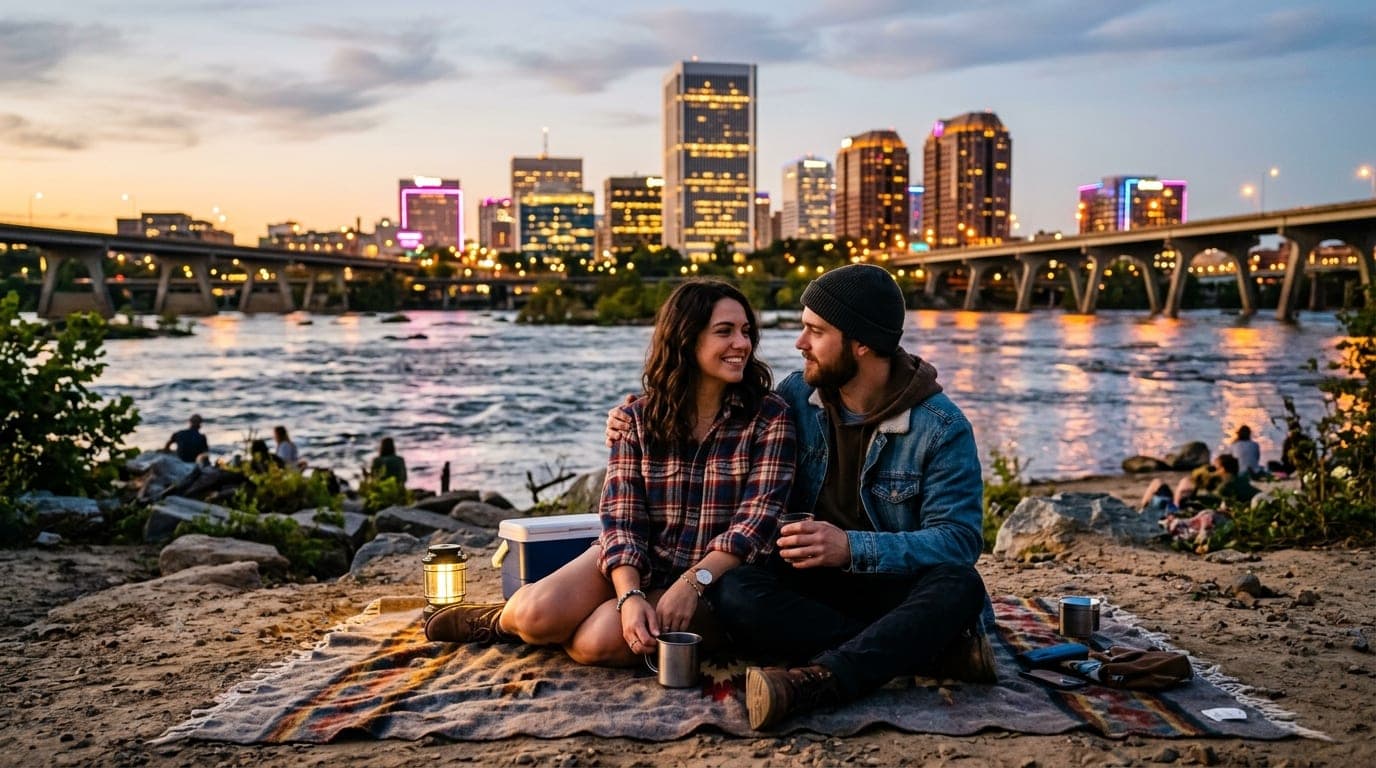 A 24mm wide-angle shot of a couple sitting on a blanket at Texas Beach, the James River flowing behind them. The woman wea...