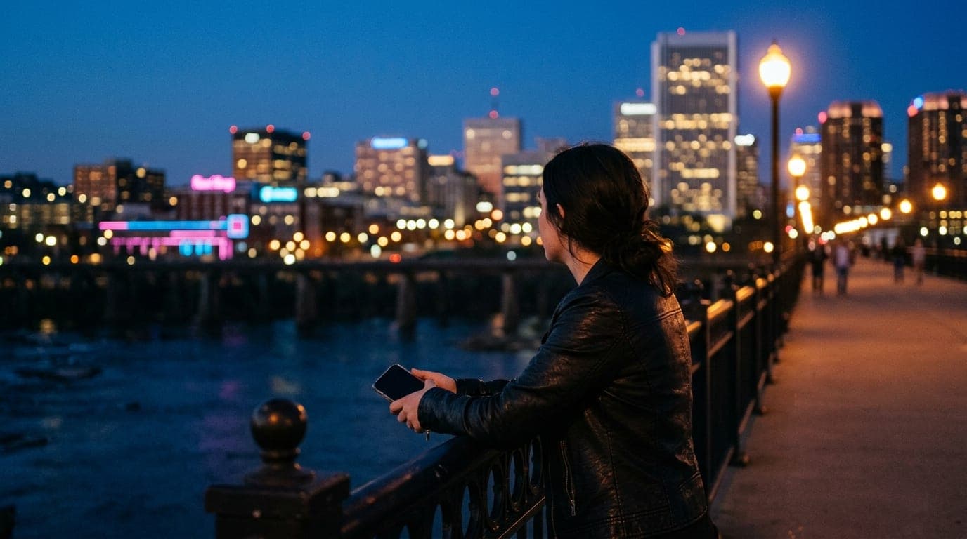 A woman in a leather jacket stands at the iron railing of the Potterfield Bridge at blue hour, looking toward the lit Rich...
