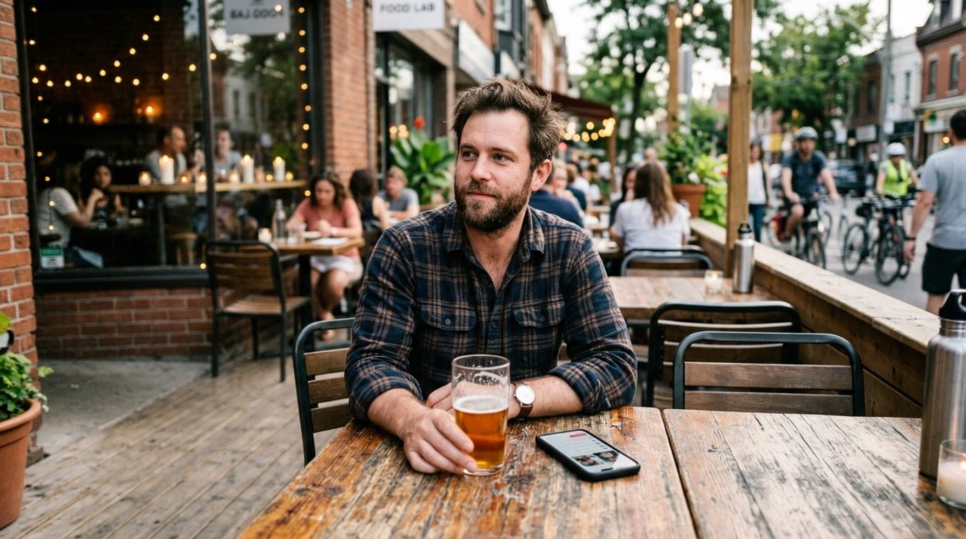 A candid medium shot of a man in a flannel shirt sitting at a rustic Food Lab outdoor table, a smartphone showing a dating...