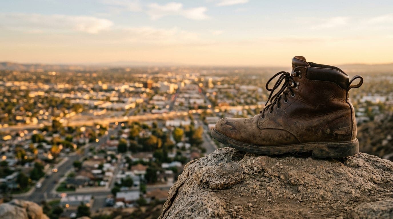 A close-up 35mm shot, offset right: a worn leather boot rests on a jagged Mount Rubidoux trail rock. Behind, the blurry, g...