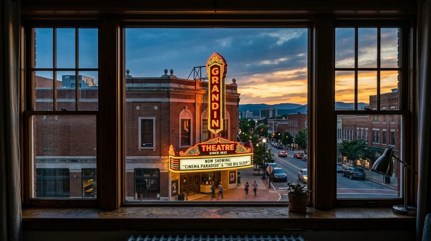 A symmetric, wide-angle interior view through a clear window frame capturing the historic Grandin Theatre marquee neon sig...