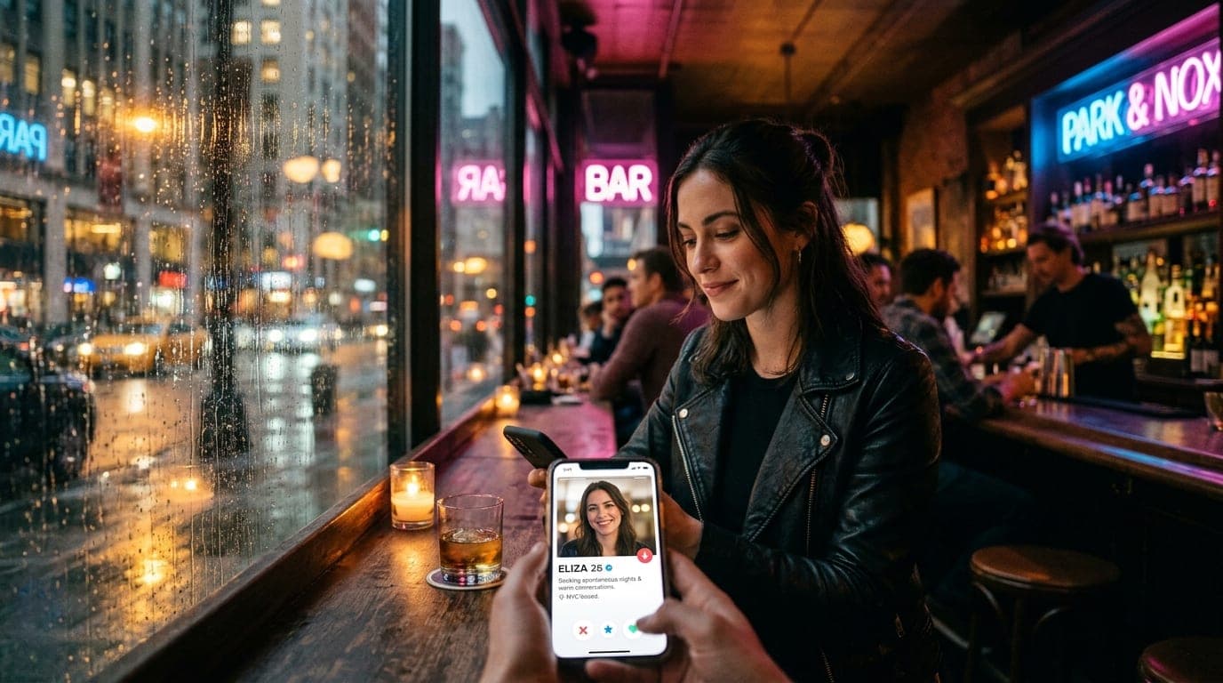 Medium shot of a woman in a leather jacket holding a smartphone displaying a verified profile, sitting at a dimly lit Park...