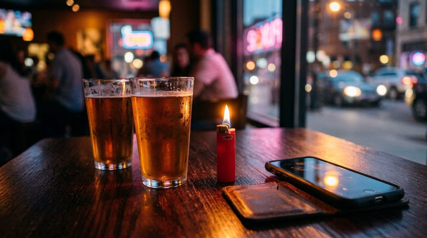 Close-up on a mahogany table at Lux Lounge, featuring two sweating craft beer glasses and a flick-lighters flame. A smartp...