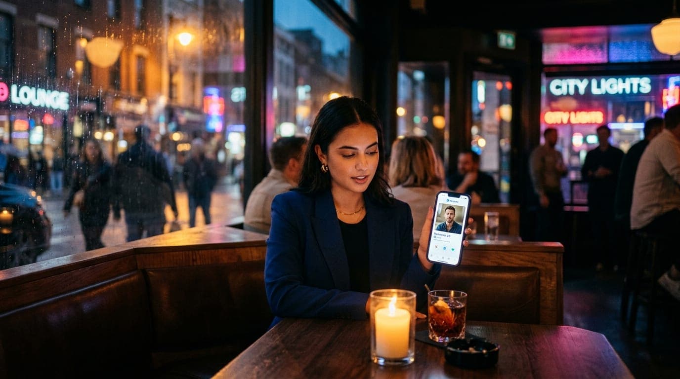 A woman in a navy blazer sits at a candle-lit corner booth in a quiet lounge. She holds a smartphone displaying a verified...