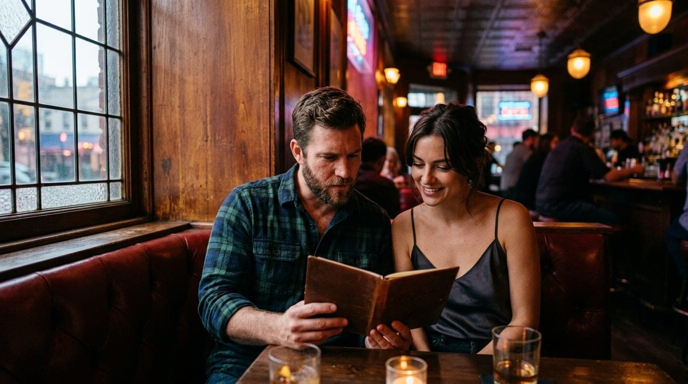 A couple sits in a dim, mahogany-walled speakeasy booth. A man in a flannel shirt and a woman in a silk camisole share a d...