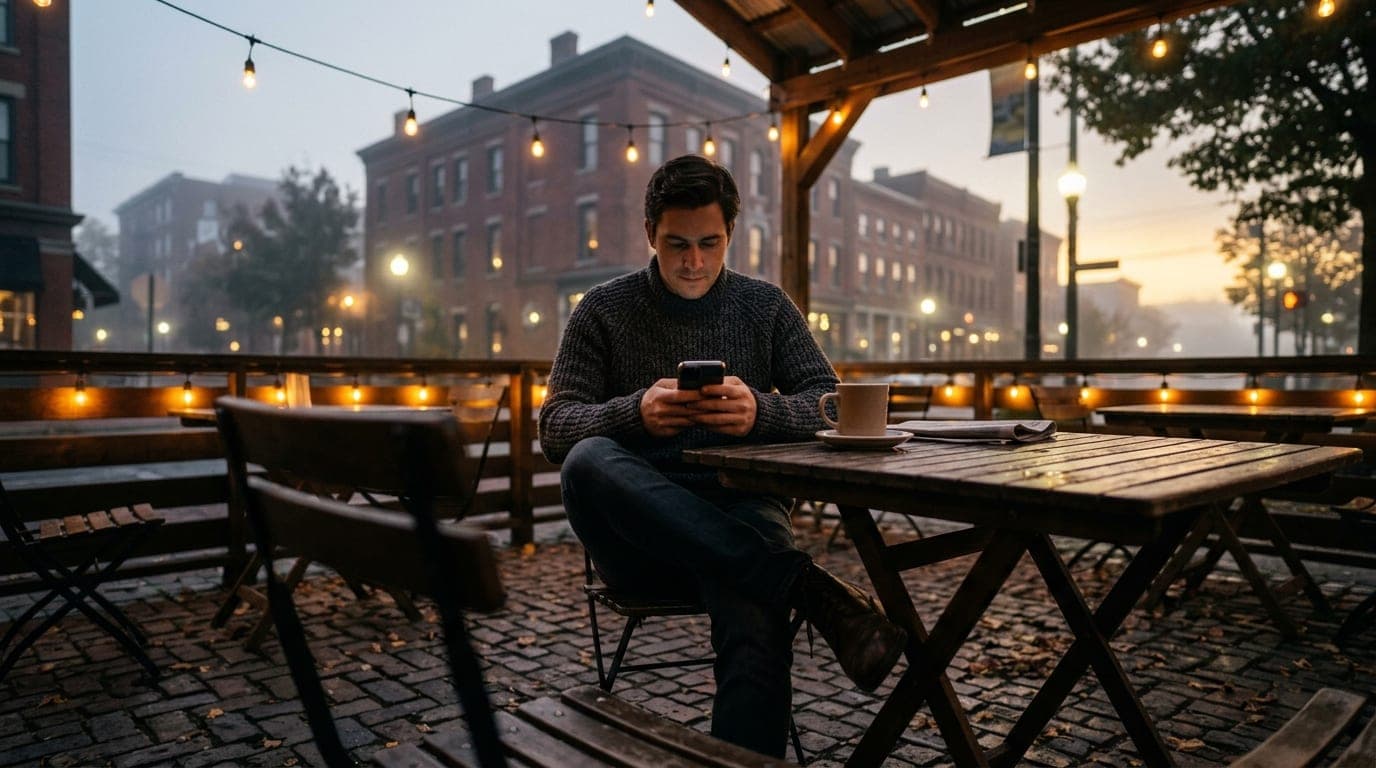 Low-angle wide shot of a person in a charcoal wool sweater sitting at a Kutzky Park bistro table, illuminated by warm stri...