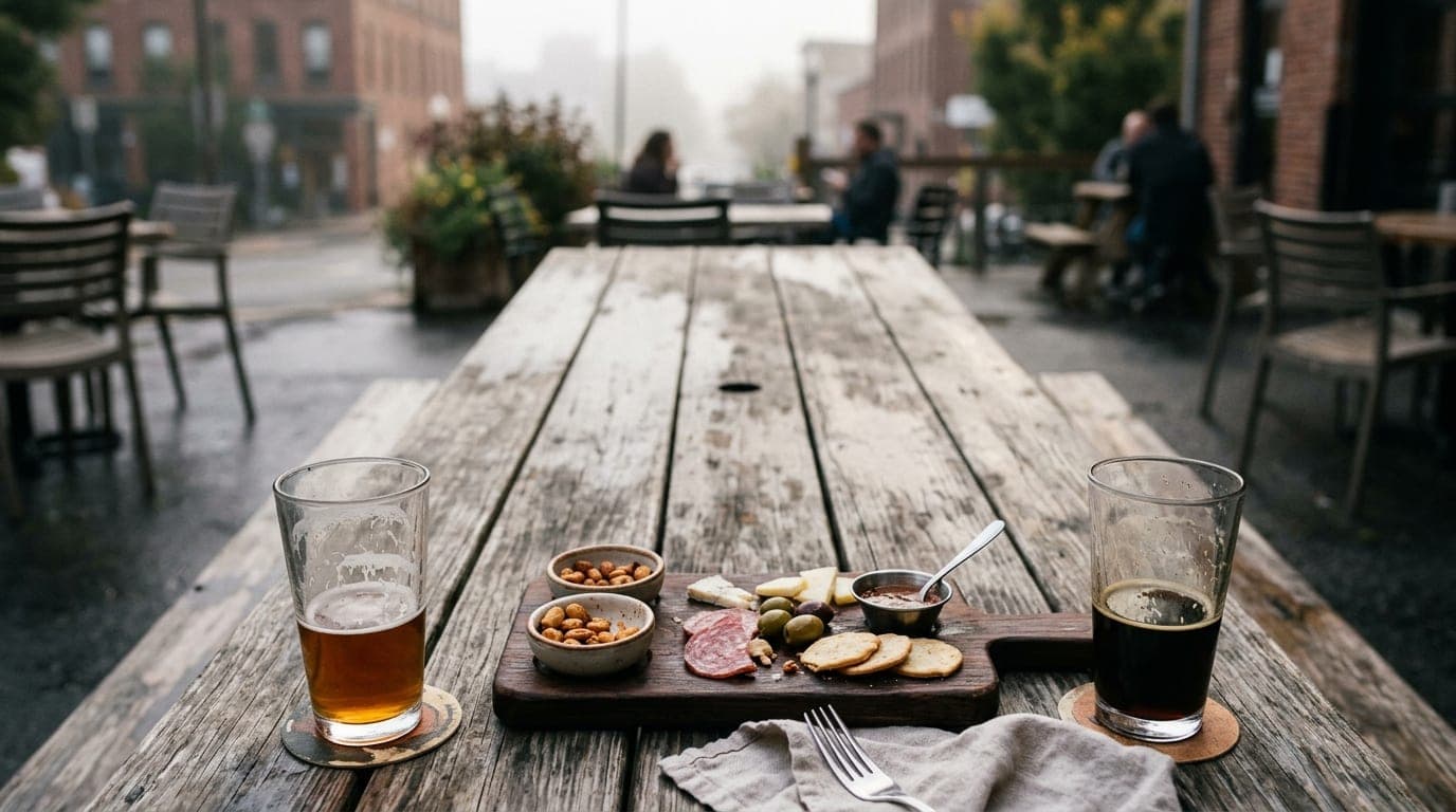 An overcast morning at Forager Brewery, showing two half-empty craft beer glasses and a wooden paddle of appetizers on a p...