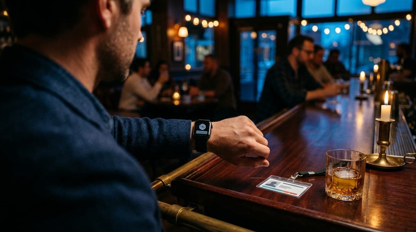 An over-the-shoulder view from a downtown cocktail bar at blue hour. A high-end smartwatch displays a Feeld notification n...