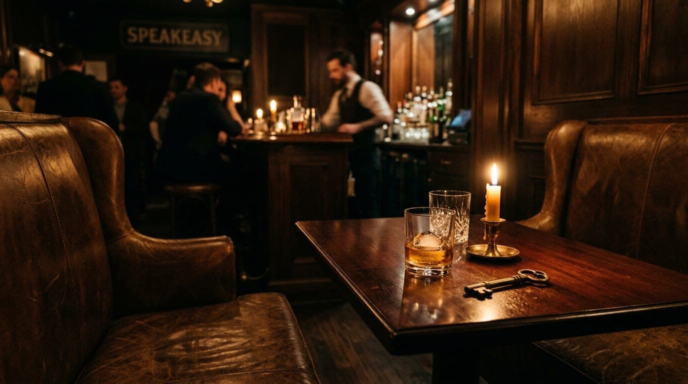 Low-angle 35mm shot inside a dimly lit speakeasy. Two leather booth seats, offset right, feature a pair of crystal glasses...