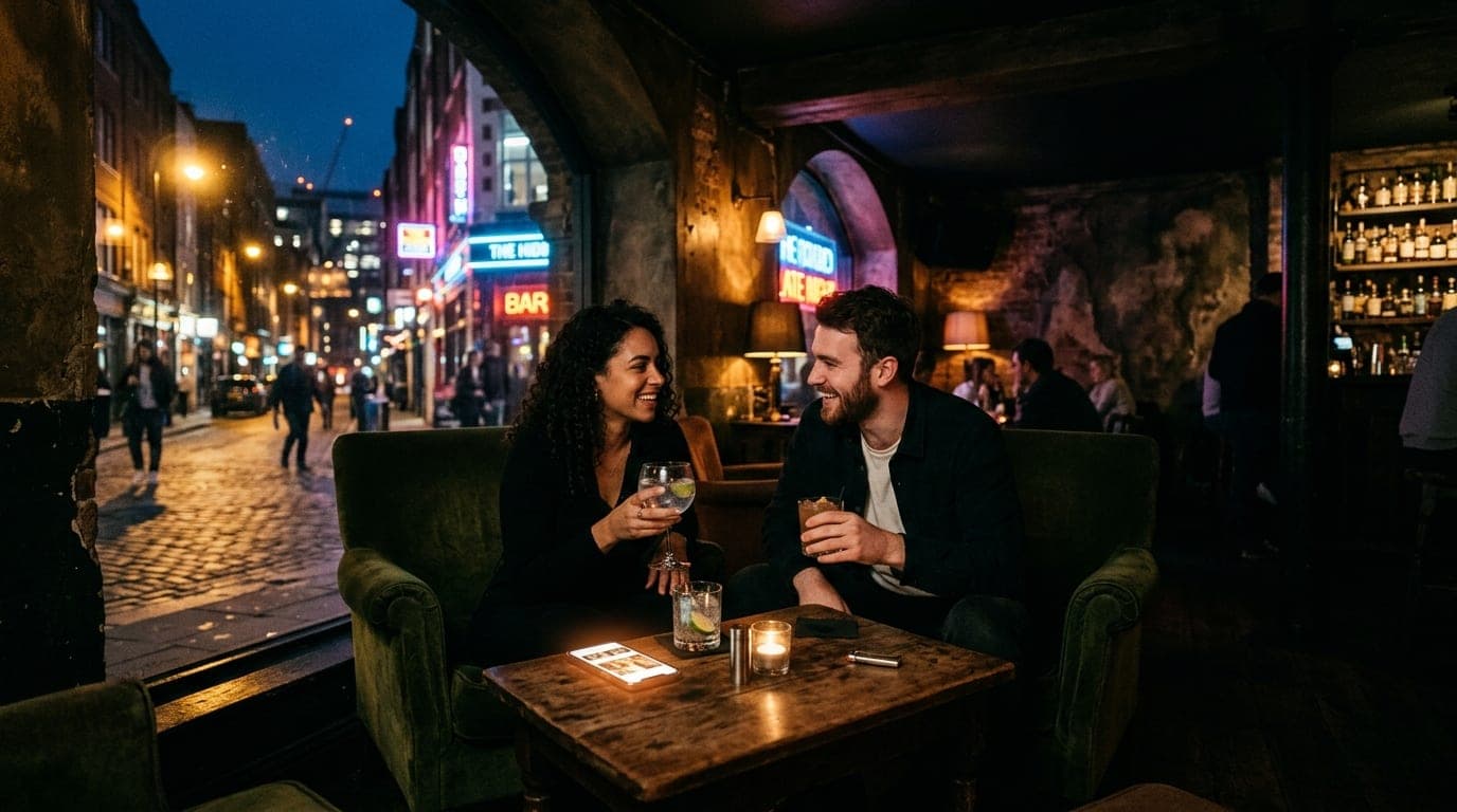 A wide, low-angle shot from a dark, subterranean corner of a speakeasy. A couple sits in plush velvet chairs, their Hinge...