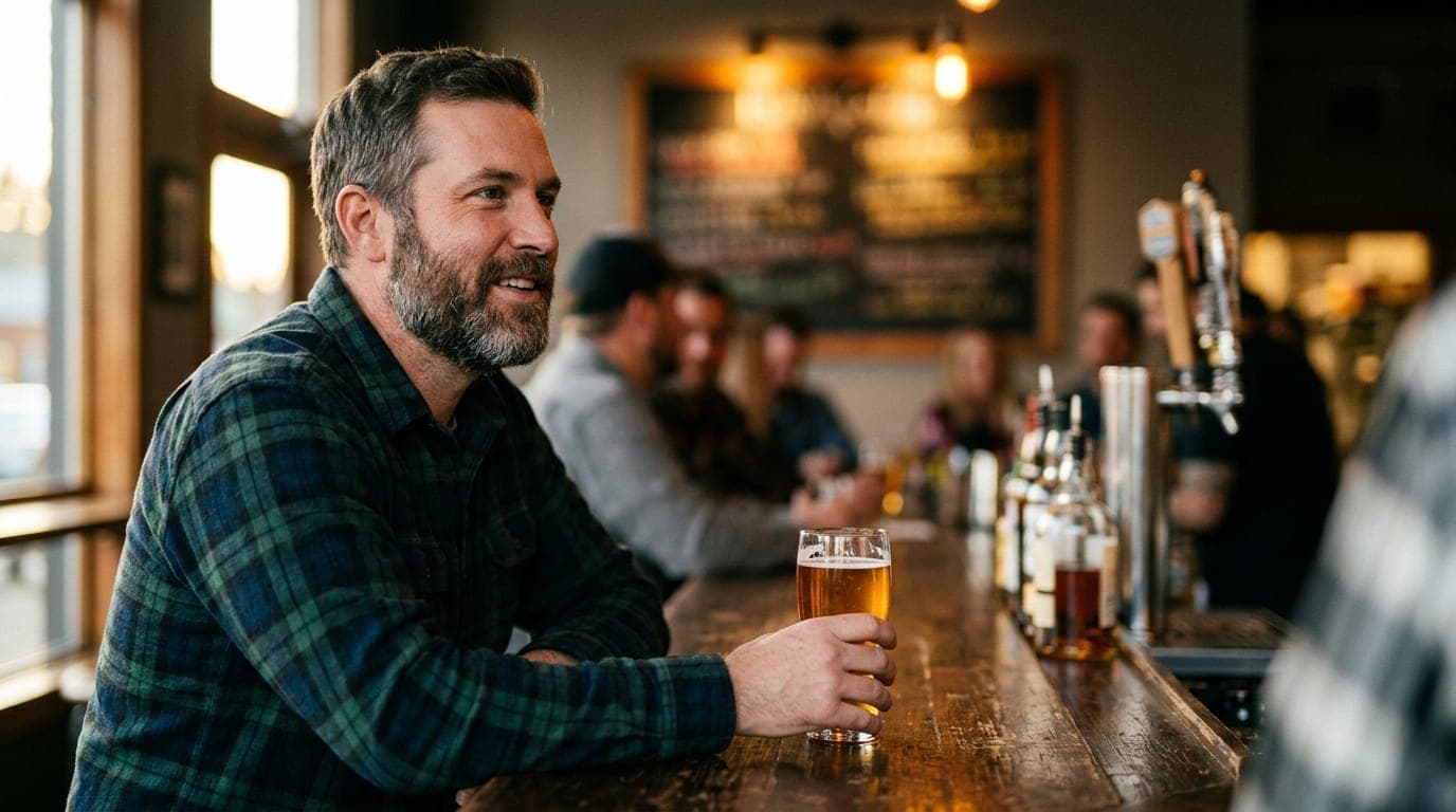 An 85mm portrait captures a man in a flannel shirt holding a craft beer at a dimly lit wooden bar in Forager. Soft, warm t...