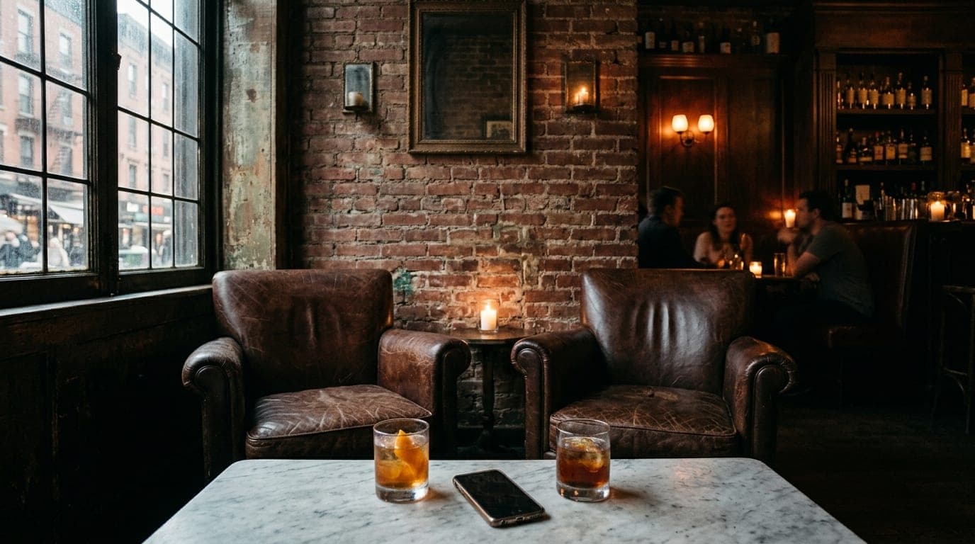 A medium shot, 24mm wide-angle, centered symmetric composition inside a dimly lit speakeasy. Two empty leather club chairs...