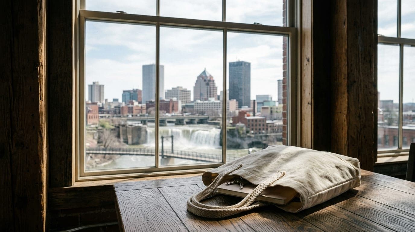 A natural noon light filters through a window onto a rustic wooden table, where a reusable canvas tote bag sits in the low...