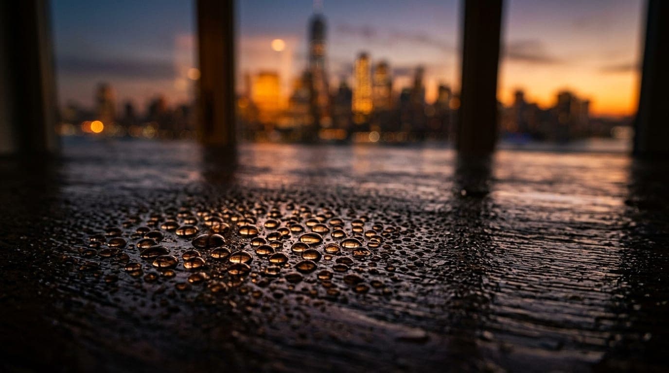 An extreme macro shot of condensation beads on a dimly lit, dark wood table surface, reflecting the blurred, golden-hour o...