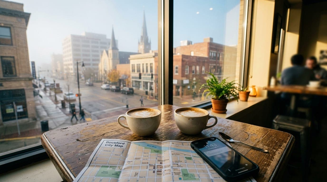 A close-up, centered 24mm shot bathed in bright noon light through a window. A smartphone rests on a café table next to tw...