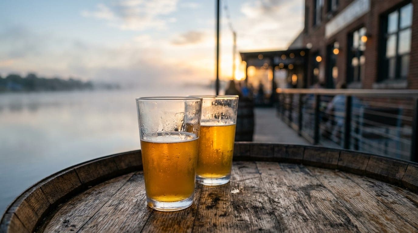Golden hour sunlight glints off two half-full pint glasses on a rustic wooden barrel table at Prairie Street Brewing Co. T...
