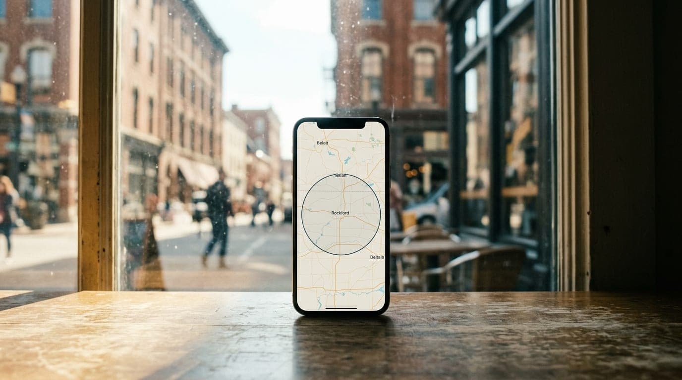 A centered, wide-angle shot through a sunlit window shows a high-end smartphone displaying a Feeld profile map with a fift...