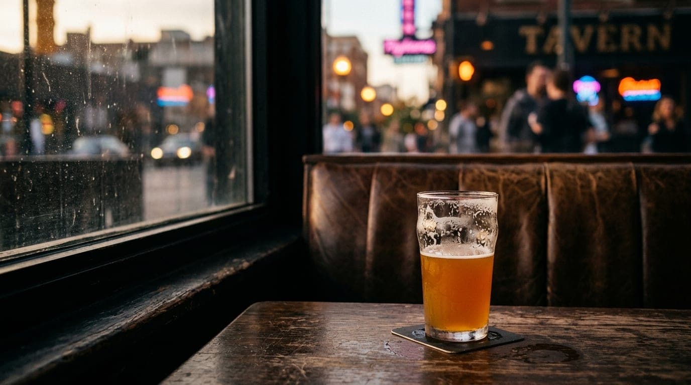 A 50mm natural perspective shot of a worn leather booth at a dimly lit tavern. A half-finished craft beer rests on a coast...