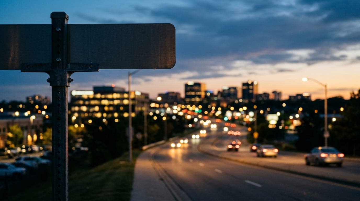 A blurred view of the illuminated Eureka Road business corridor at blue hour, focusing on a street sign’s sharp metallic e...