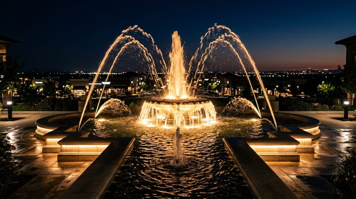 A centered low-angle shot of the glowing, iconic fountains at The Fountains at Roseville at midnight, with water cascading...