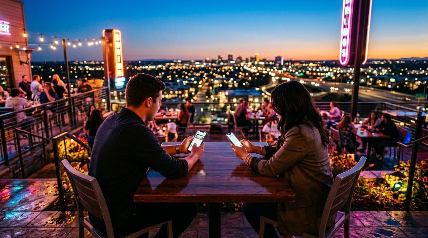 A wide-angle, symmetrical over-the-shoulder shot captures a couple holding smartphones at a polished outdoor table overloo...