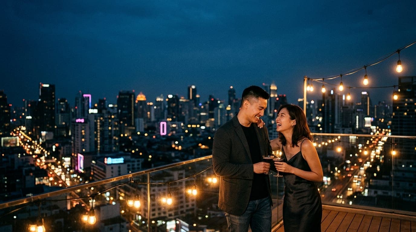 A low-angle shot captures a couple standing on The Union’s patio at night. The man in a charcoal jacket and woman in a sil...