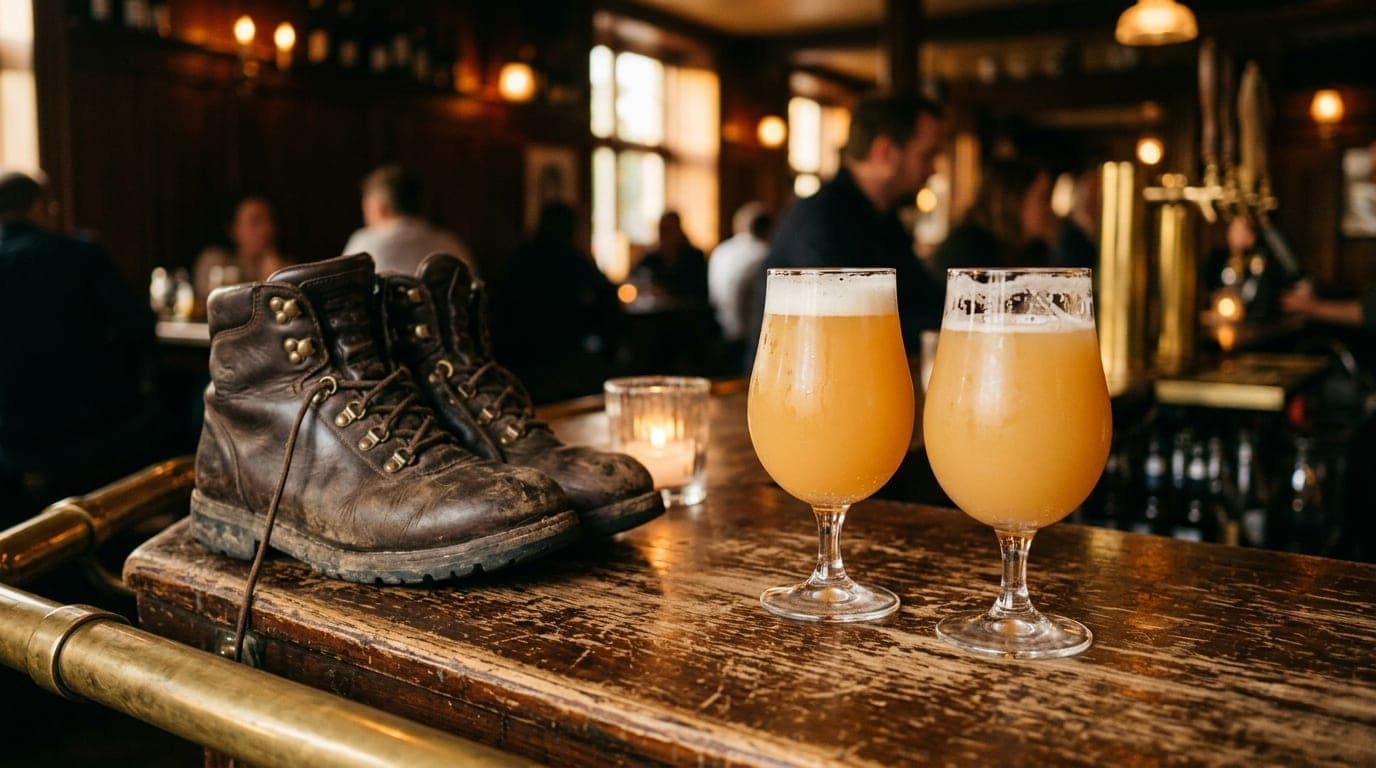 A 35mm documentary shot at golden hour captures two tulip glasses of hazy IPA on a scratched wood bar at Monk's Cellar, of...