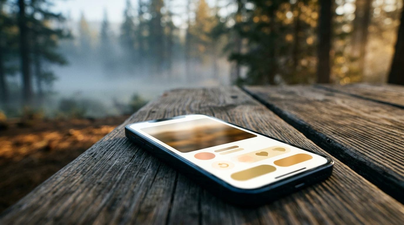 Extreme macro, golden hour tilt-shift. Selective focus on a smartphone screen displaying a Tinder profile, resting on a we...