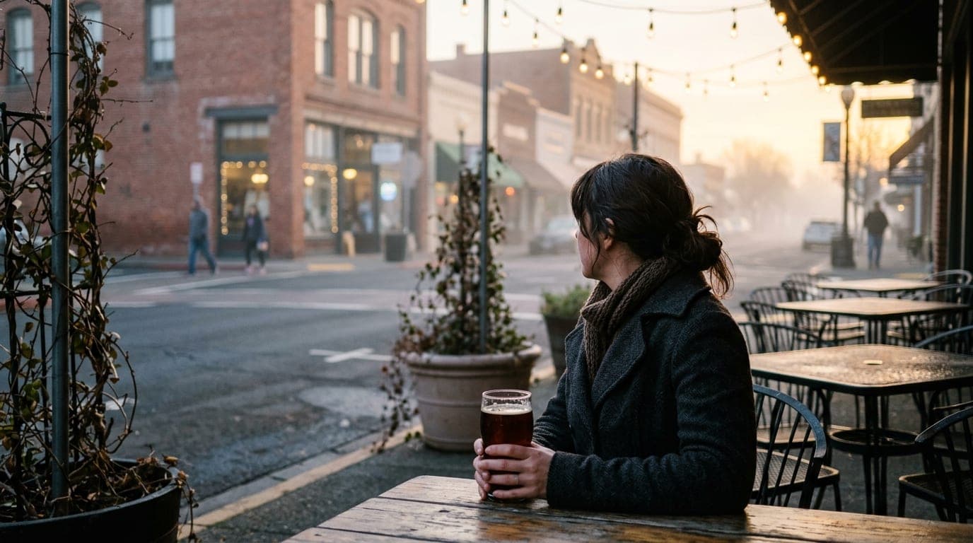Over-the-shoulder 35mm shot at blue hour. A woman in a dark wool coat sits at an outdoor table in Old Town Roseville, hold...