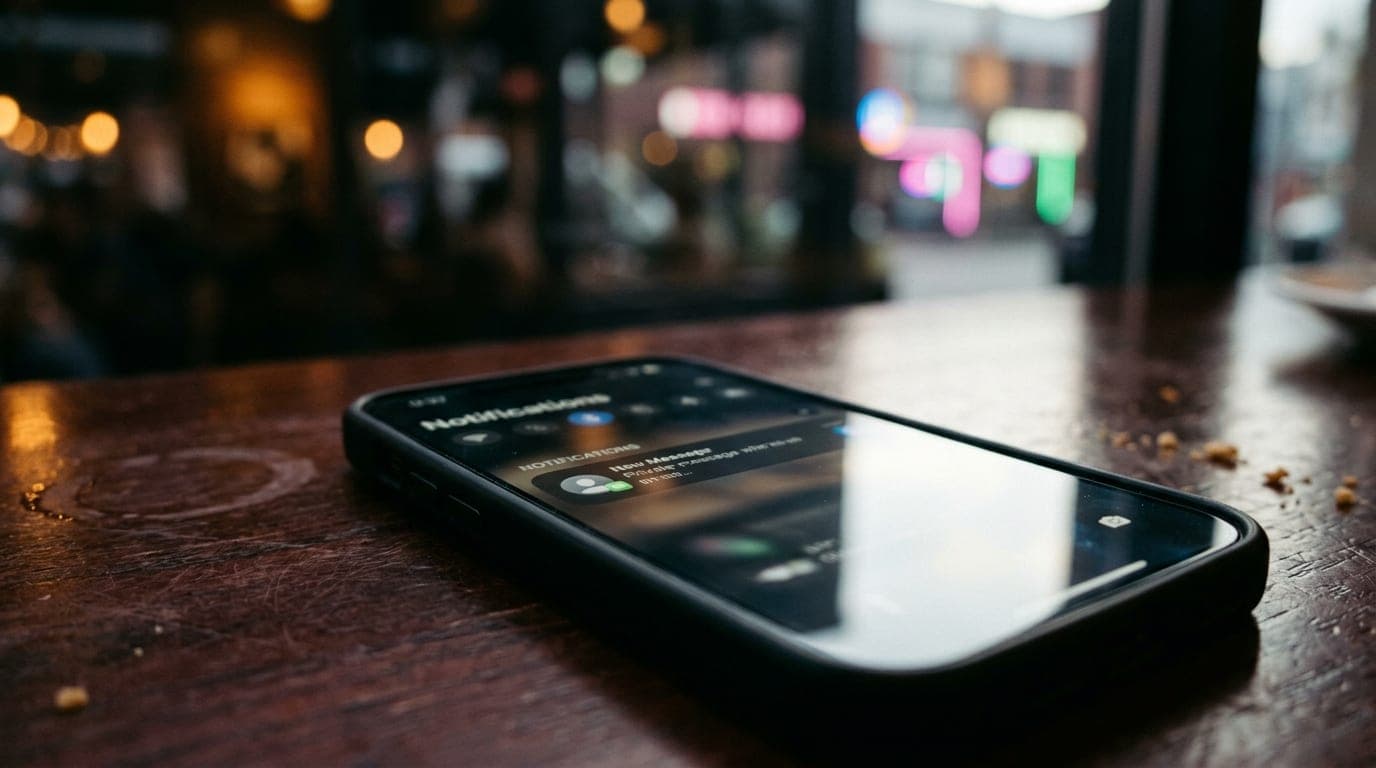 A close-up shot, 100mm macro, of a modern smartphone resting on a dark mahogany table. The screen displays a private profi...