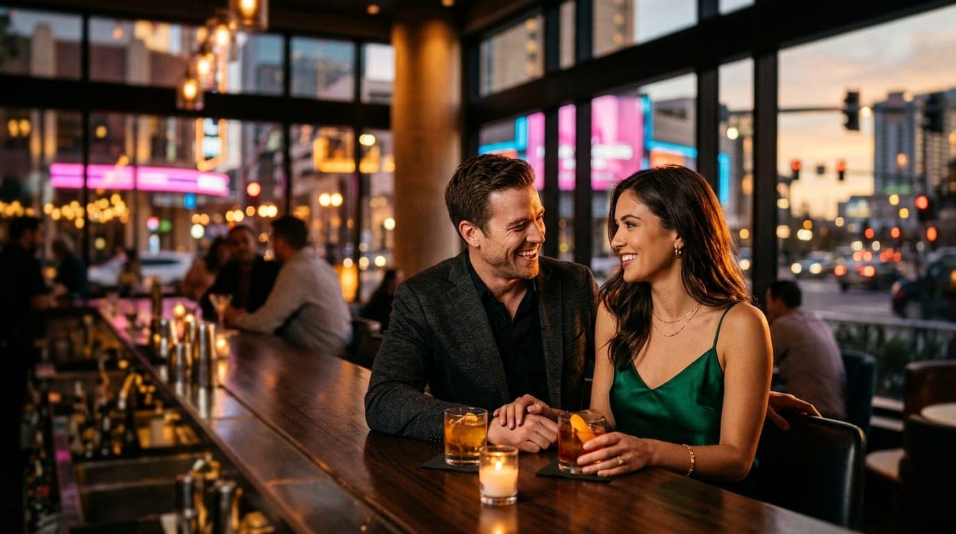 A couple sits at an upscale bar inside a dimly lit resort, captured via tilt-shift selective focus. The man wears a dark b...