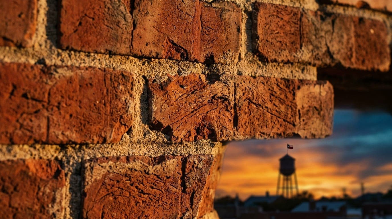 Macro extreme close-up of a rustic brick wall texture from a Main Street storefront, golden hour light illuminating the mo...