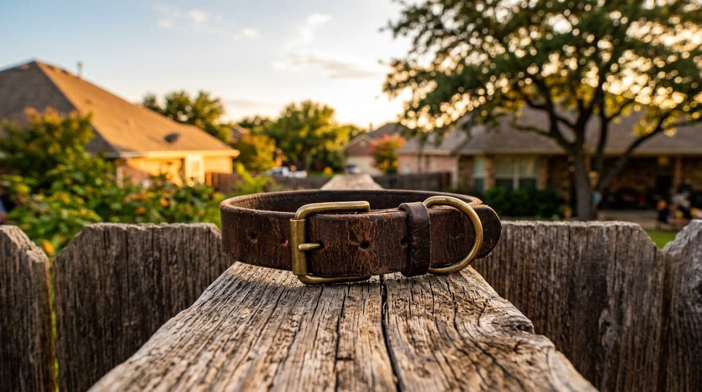 A 24mm wide-angle shot of a leather collar resting on a suburban cedar fence at golden hour. In the background, the blurre...