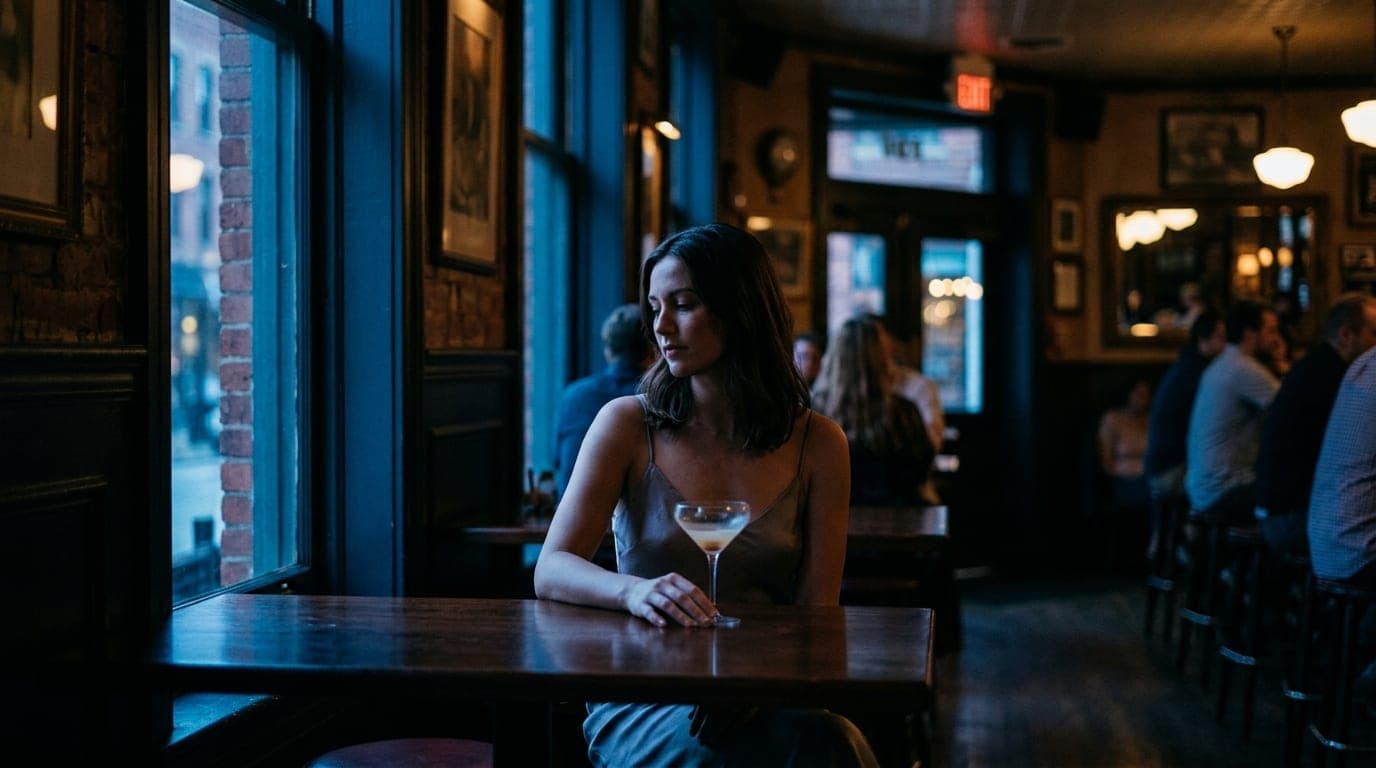 A woman in a silk slip dress sits alone at a dimly lit Ruby Hotel cocktail table. A half-finished martini rests beside her...