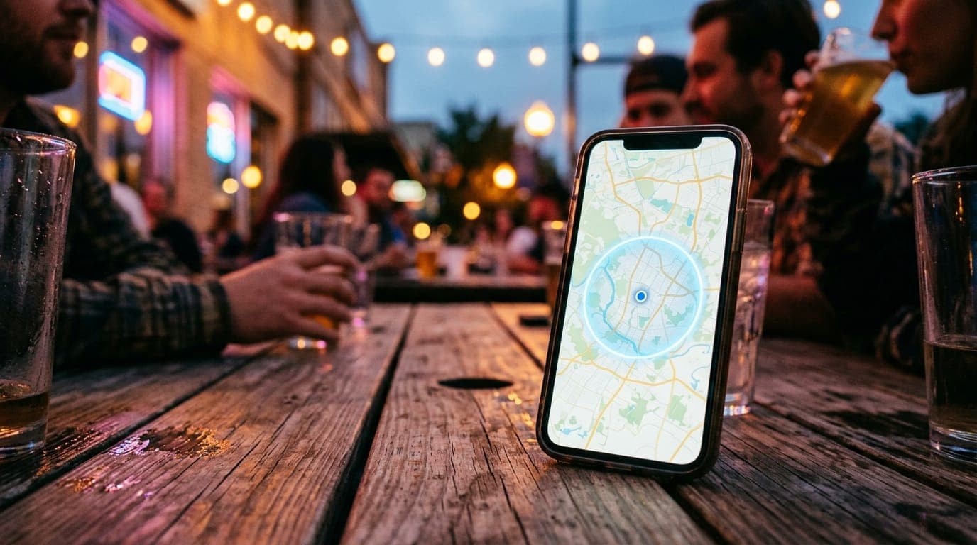 A close-up 35mm shot, framed offset right, captures a glowing smartphone screen on a rustic wooden patio table at Brushy C...