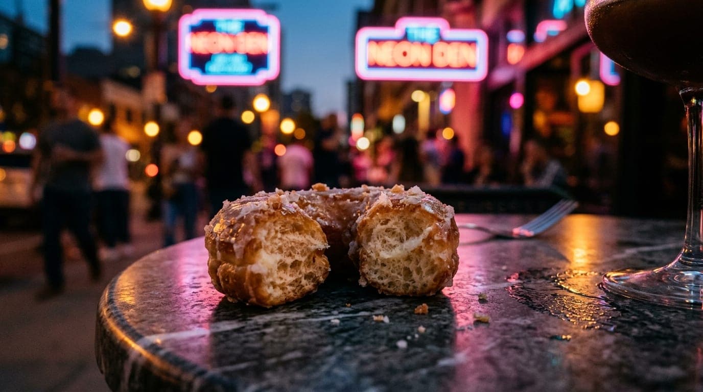 A high-angle, extreme close-up macro shot displays a half-eaten glazed donut resting on a sleek marble bistro table at dus...
