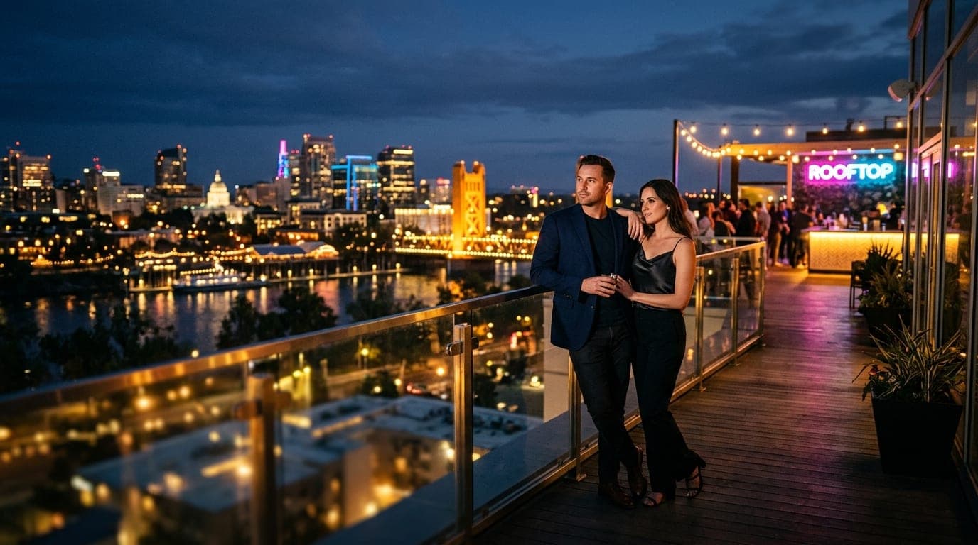 A wide shot of a couple leaning against a glass railing on a Midtown rooftop, looking over Sacramento’s glowing skyline. T...