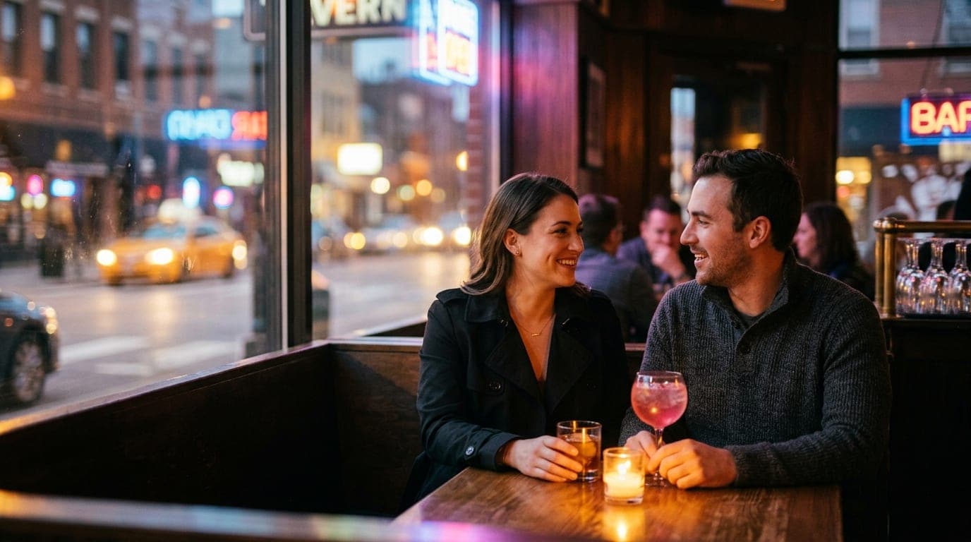 A man and woman sit at a dim corner booth at Iron Horse Tavern. She wears a black trench coat; he wears a grey sweater. Tw...