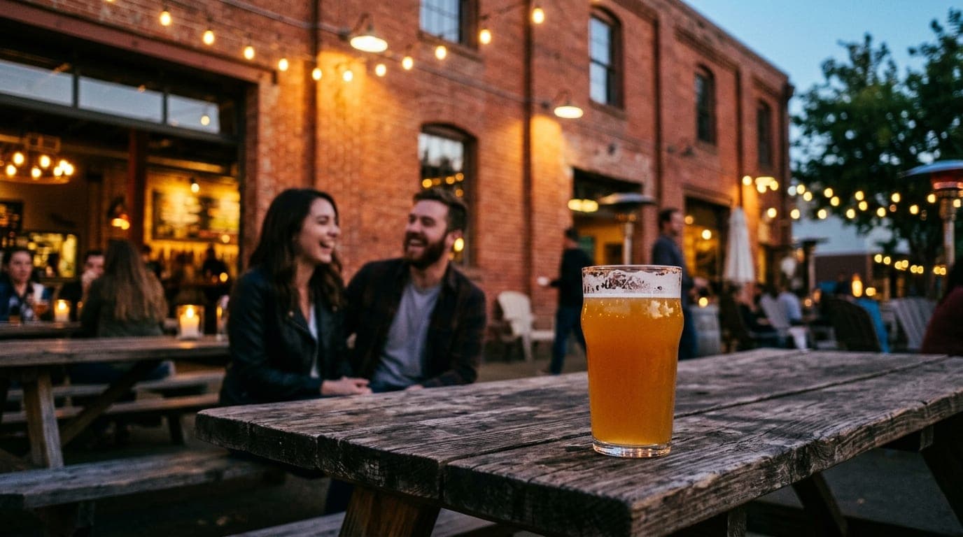 A single artisan IPA glass rests on a weathered picnic table at Ice Blocks. In the lower third, a blurred couple laughs, s...