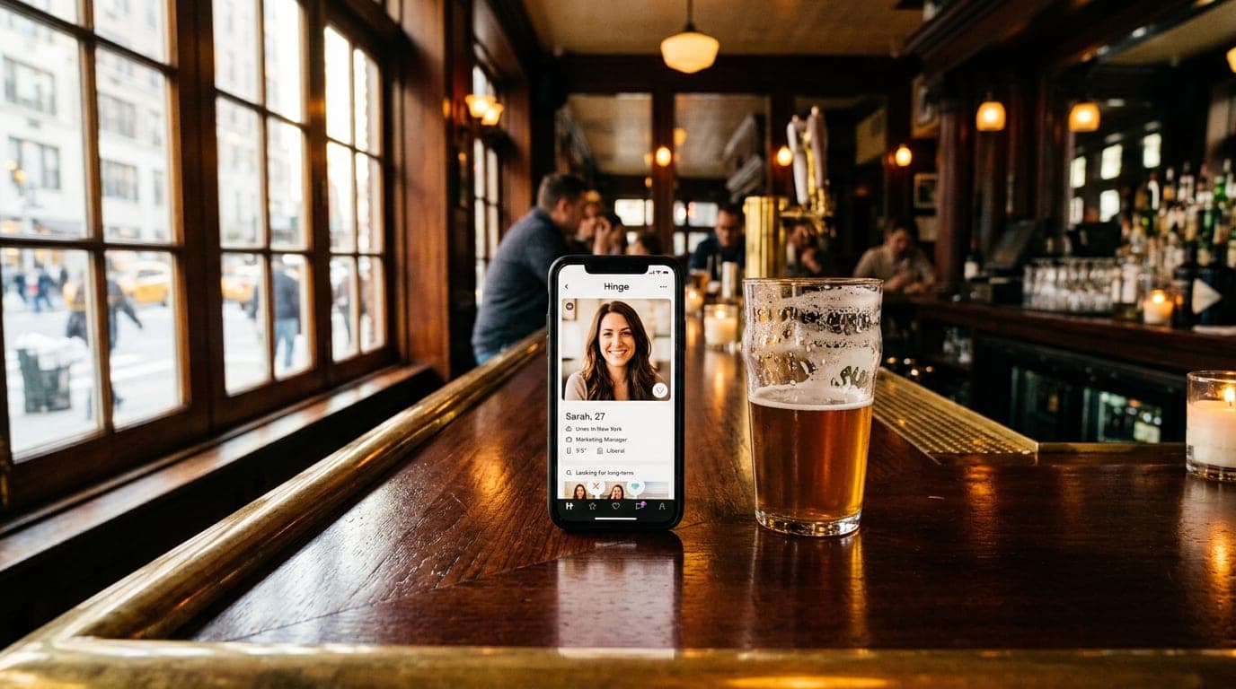 A mahogany bar top in a Midtown tavern features a half-poured local craft IPA and a smartphone showing a Hinge profile, ce...