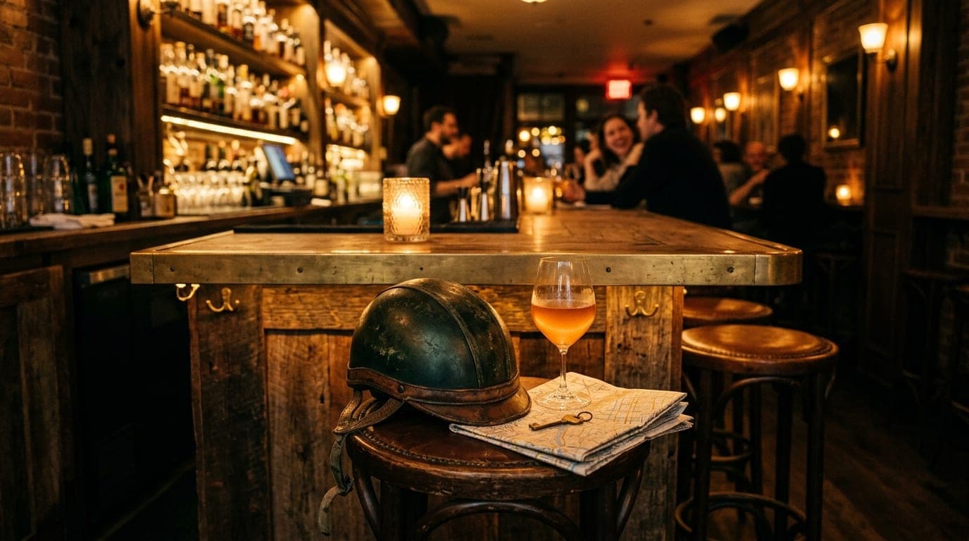 A low-angle, wide-angle shot of a Midtown bar counter. A vintage bicycle helmet rests on a reclaimed wood stool beside a c...