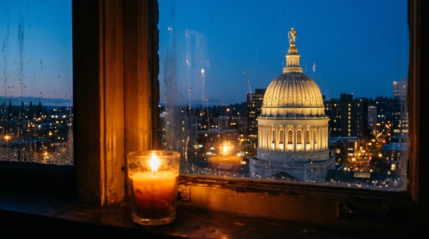 A 100mm macro shot through a flickering, candle-lit windowpane, capturing the glowing, ornate dome of the Oregon State Cap...