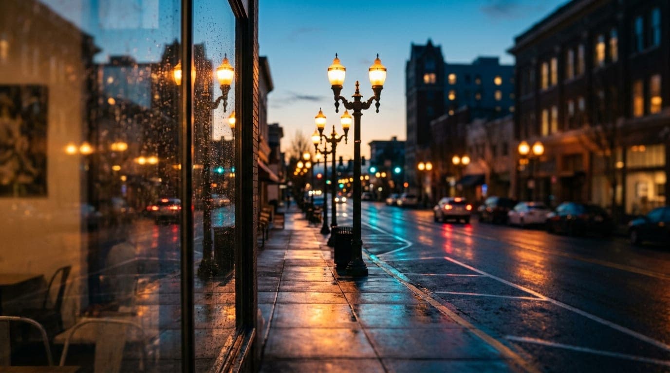 Close-up, tilt-shift selective focus through a rain-streaked window at Archive Coffee & Bar, highlighting the glowing, orn...