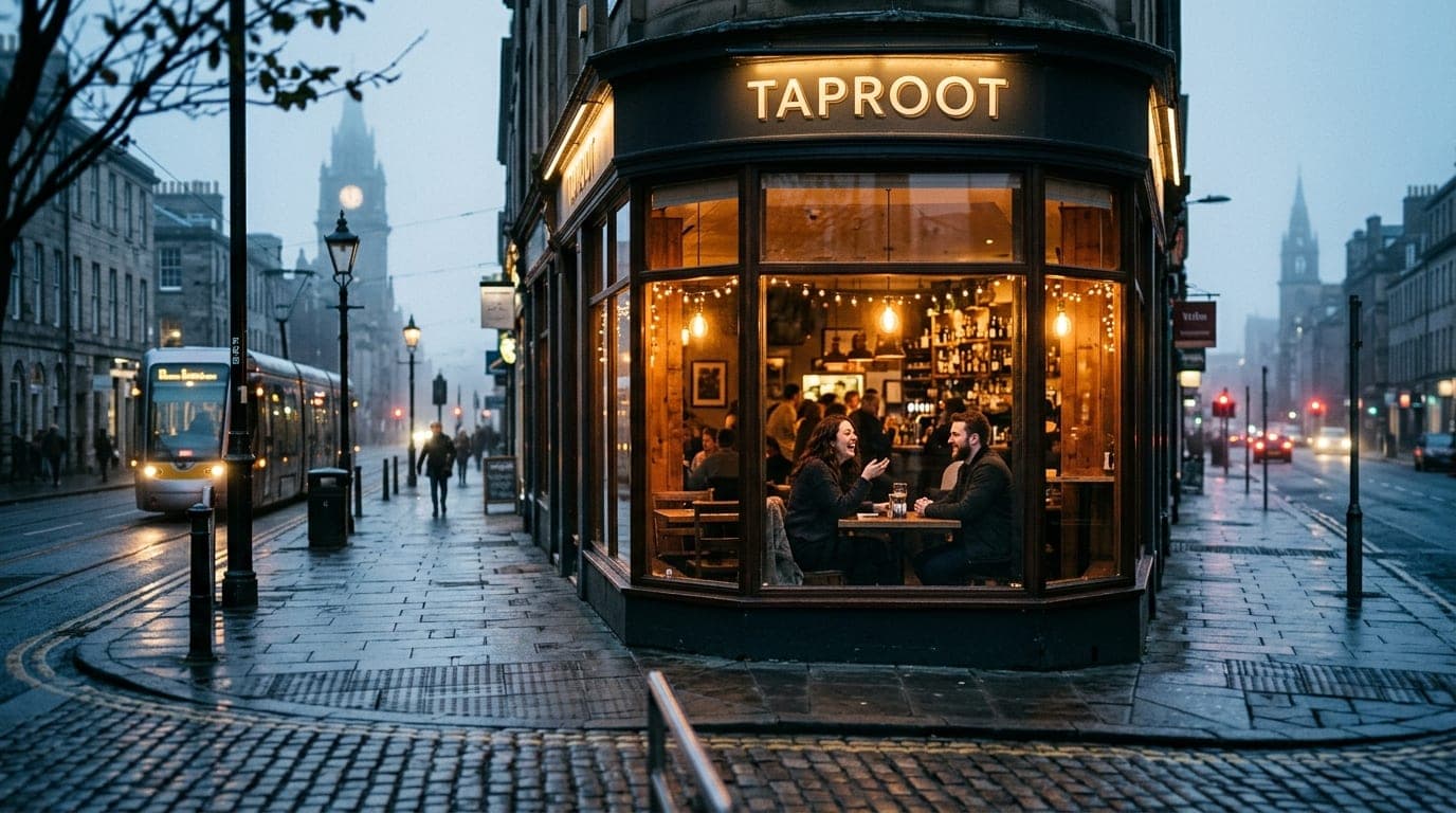 A wide establishing shot from across the street at night features a couple laughing at a corner table inside Taproot. Sele...
