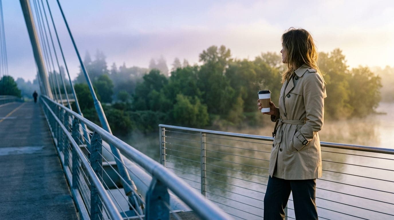A medium shot shows a woman in a beige trench coat standing on the Minto-Brown bridge, offset right. She holds a paper cof...