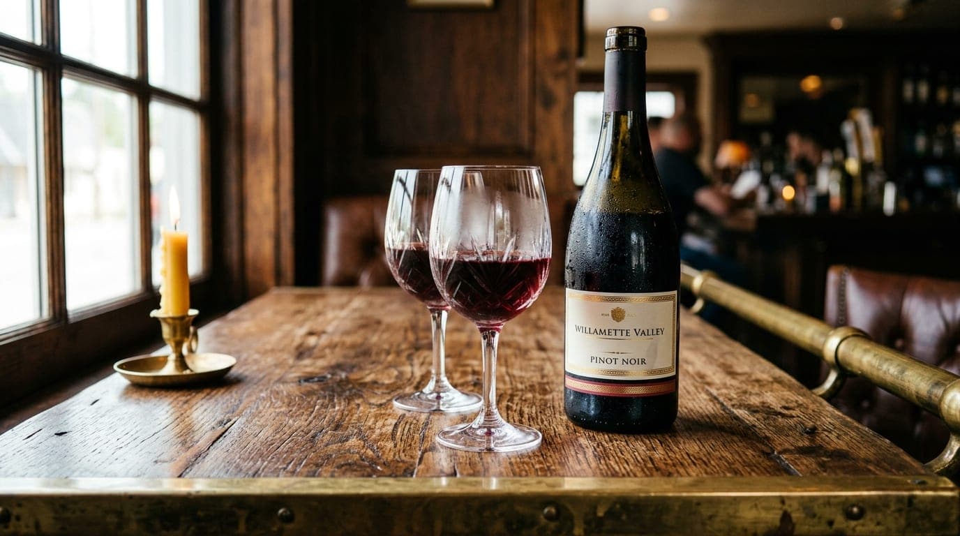 A 100mm macro shot captures a chilled bottle of Willamette Valley Pinot Noir and two crystal glasses on a rustic wooden ba...